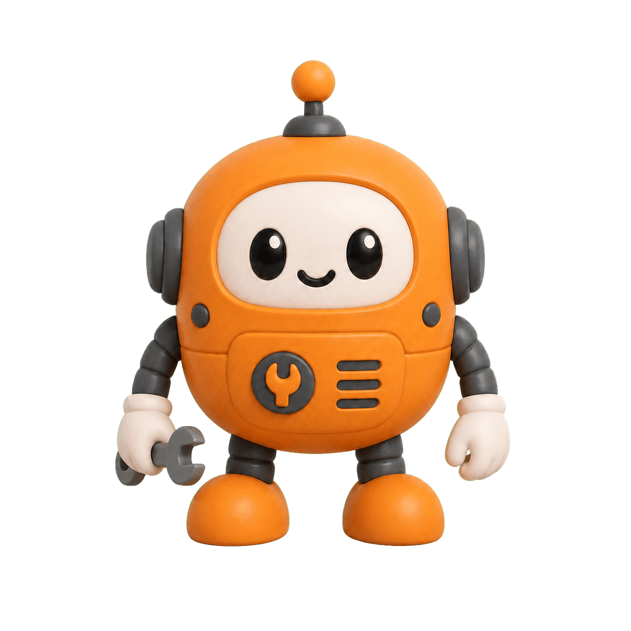 The orange robot master mascot in a soft 3D direction